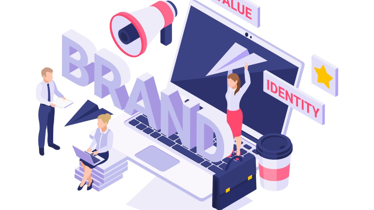 Isometric icon with people working on new brand strategy 3d vector illustration