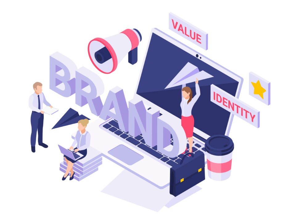 Isometric icon with people working on new brand strategy 3d vector illustration