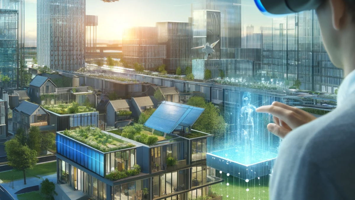 A futuristic real estate development scene showcasing modern buildings with smart technology features. The buildings should include visible solar pane