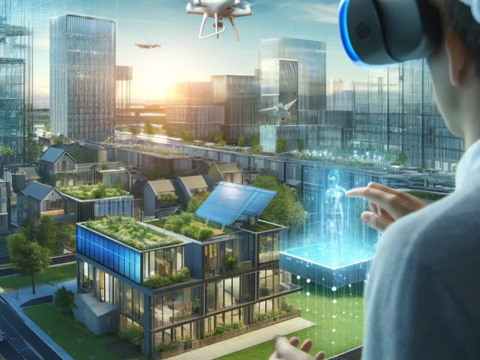 A futuristic real estate development scene showcasing modern buildings with smart technology features. The buildings should include visible solar pane